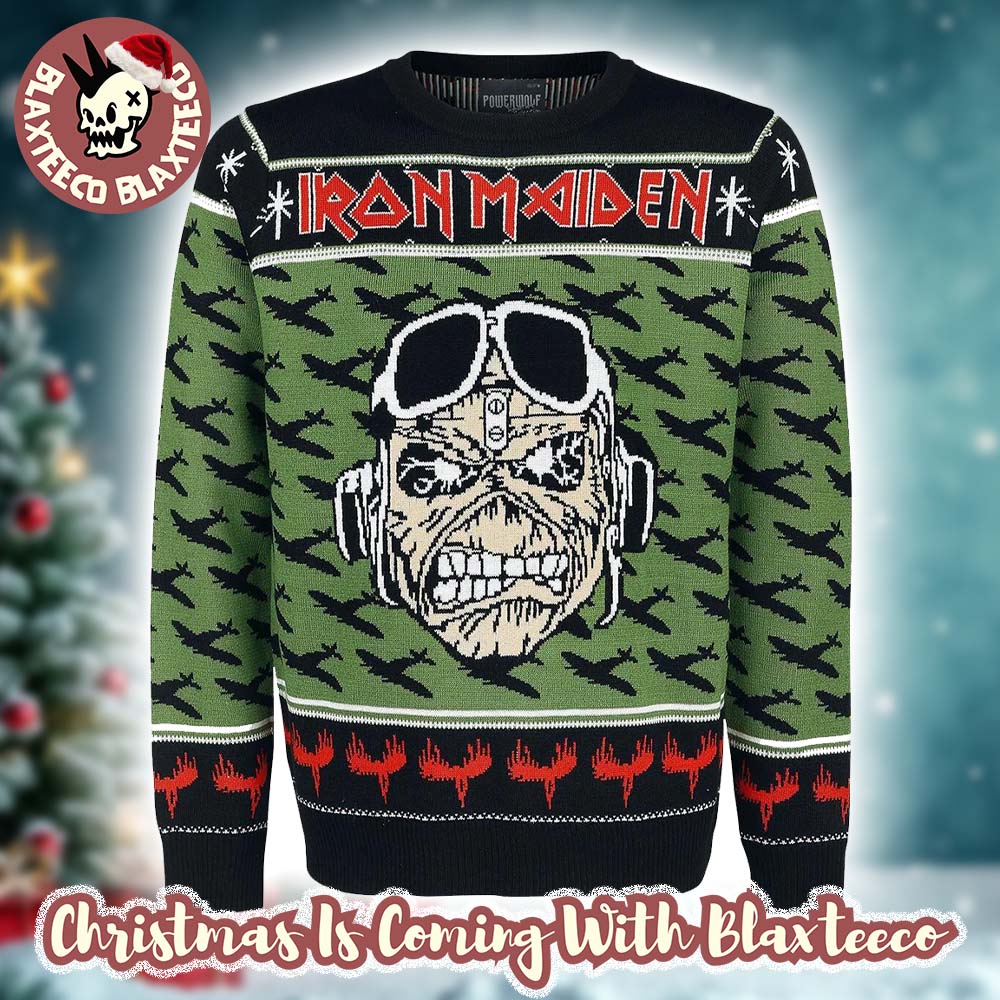 Iron Maiden A Matter of Life and Death Pilot Eddie With Airplane Pattern Ugly Christmas Sweater Iron Maiden A Matter of Life and Death Pilot Eddie With Airplane Pattern Ugly Christmas Sweater