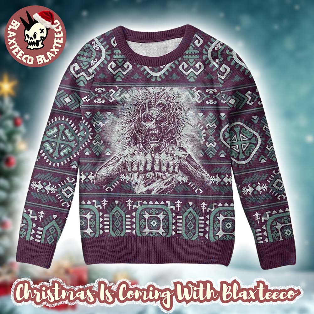 Iron Maiden Eddie Fist Maiden FC Tattoo Retro Knitted Ugly Christmas Sweater Iron Maiden Eddie Fist Maiden FC Tattoo Retro Knitted Ugly Christmas Sweater