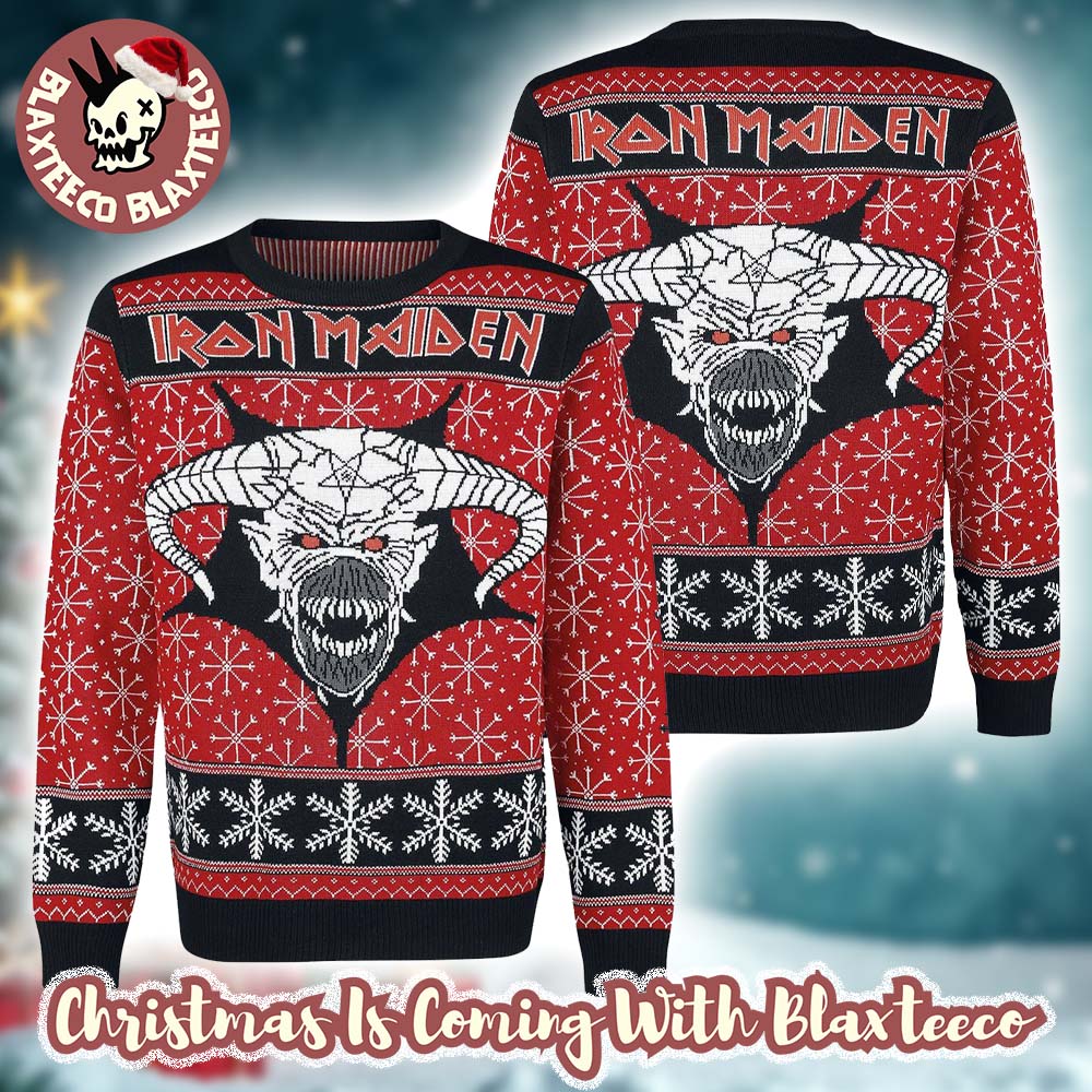 Iron Maiden Eddie Satan Head With Snowflakes Pattern Knitted Holiday Red Ugly Christmas Sweater Iron Maiden Eddie Satan Head With Snowflakes Pattern Knitted Holiday Red Ugly Christmas Sweater