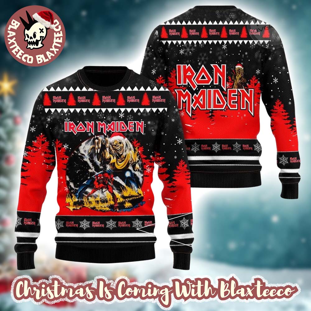 Iron Maiden Eddie The Number Of the Beast With Santa Hat Into The Snowy Night Signature Knitted Ugly Christmas Sweater Iron Maiden Eddie The Number Of the Beast With Santa Hat Into The Snowy Night Signature Knitted Ugly Christmas Sweater
