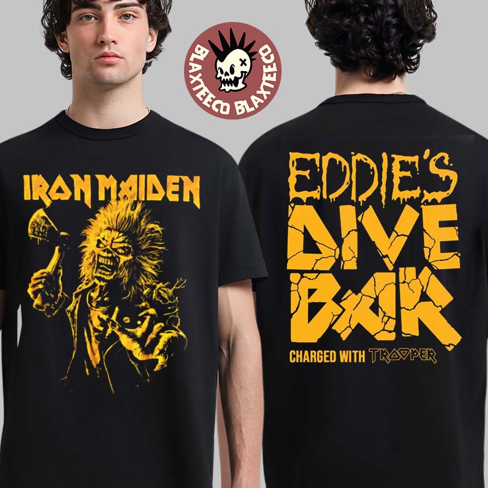 Iron Maiden Eddie's Dive Bar Charged With Trooper 2025 Run For Your Lives World Tour Merch Two Sided Unisex T-Shirt Iron Maiden Eddie's Dive Bar Charged With Trooper 2025 Run For Your Lives World Tour Merch Two Sided Unisex T-Shirt