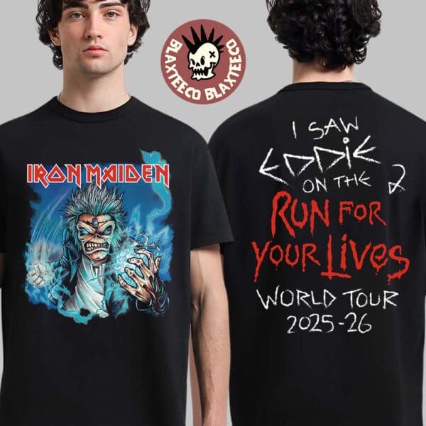 Iron Maiden I Saw Eddie On the Run For Your Lives World Tour 2025 2026 Electric Ball Eddie Power Two Sided Unisex T-Shirt Iron Maiden I Saw Eddie On the Run For Your Lives World Tour 2025 2026 Electric Ball Eddie Power Two Sided Unisex T-Shirt