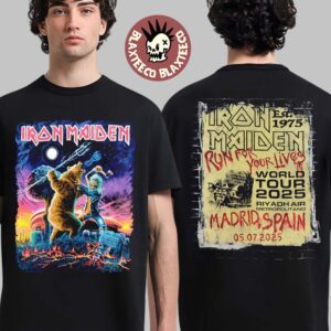 Iron Maiden Madrid Spain Run For Your Lives World Tour 2025 Exclusive Event Tee At Riyadh Air Metropolitano On July 5 2025 Eddie Vs Bear Two Sided T-Shirt