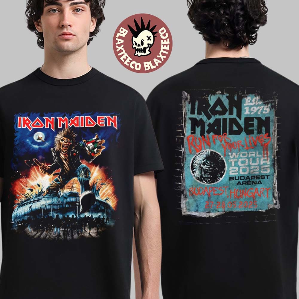 Iron Maiden Run For Your Lives World Tour 2025 Budapest Merch Tee In Hungary At Budapest Arena On May 27 28 2025 Eddie With His Axe And Rubbic Two Sided Unisex T-Shirt Iron Maiden Run For Your Lives World Tour 2025 Budapest Merch Tee In Hungary At Budapest Arena On May 27 28 2025 Eddie With His Axe And Rubbic Two Sided Unisex T-Shirt