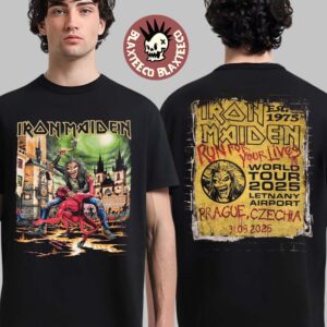 Iron Maiden Run For Your Lives World Tour 2025 Prague Venue Tee In Czechia At Letnany Airport On May 31 2025 Eddie Vs Devil Two Sided Unisex T-Shirt