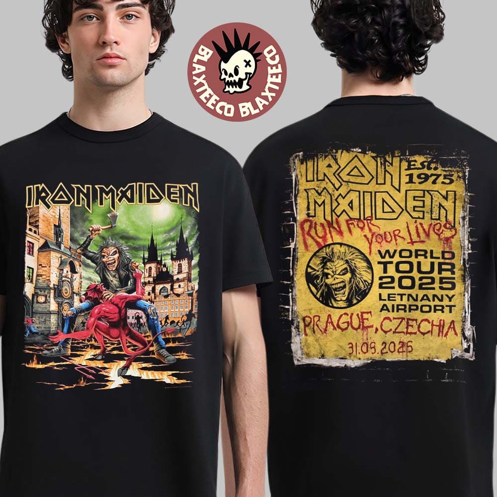 Iron Maiden Run For Your Lives World Tour 2025 Prague Venue Tee In Czechia At Letnany Airport On May 31 2025 Eddie Vs Devil Two Sided Unisex T-Shirt Iron Maiden Run For Your Lives World Tour 2025 Prague Venue Tee In Czechia At Letnany Airport On May 31 2025 Eddie Vs Devil Two Sided Unisex T-Shirt