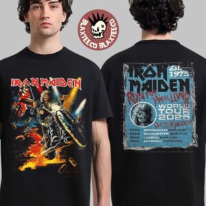 Iron Maiden Run For Your Lives World Tour 2025 United Kingdom Event Tee Tour Dates Biker Eddie Breaks Through the Wall Two Sided Unisex T-Shirt