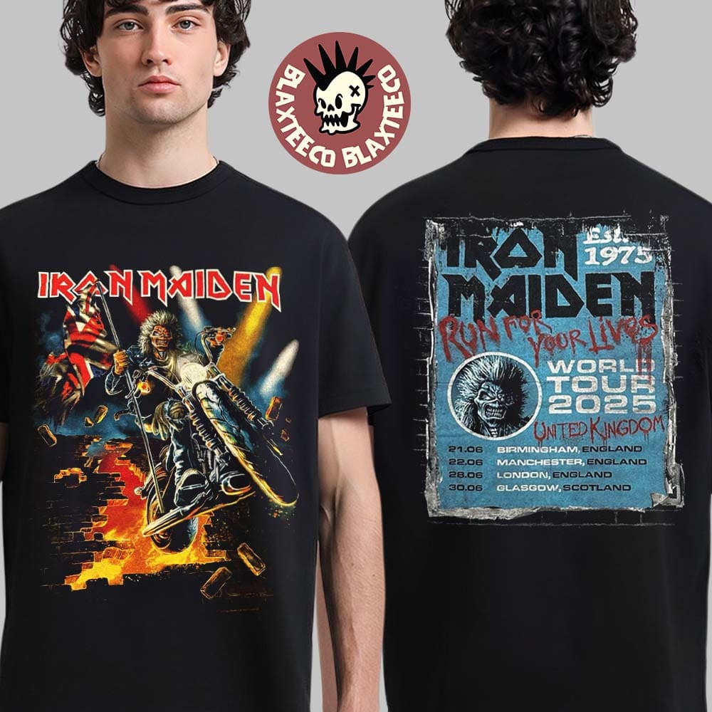 Iron Maiden Run For Your Lives World Tour 2025 United Kingdom Event Tee Tour Dates Biker Eddie Breaks Through the Wall Two Sided Unisex T-Shirt Iron Maiden Run For Your Lives World Tour 2025 United Kingdom Event Tee Tour Dates Biker Eddie Breaks Through the Wall Two Sided Unisex T-Shirt