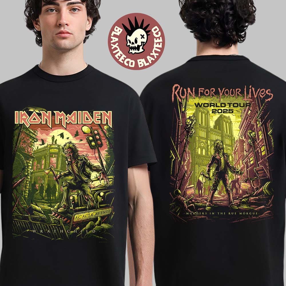 Iron Maiden Run For Your Lives World Tour 2025 Wrathchild Murders In The Rue Morgue Two Sided Unisex T-Shirt Iron Maiden Run For Your Lives World Tour 2025 Wrathchild Murders In The Rue Morgue Two Sided Unisex T-Shirt