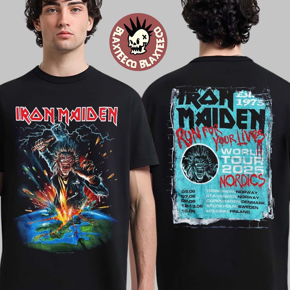 Iron Maiden Run For Your Livs World Tour 2025 Nordics Event Tee Eddie Thor God Of Thunder Art Two Sided Unisex T-Shirt Iron Maiden Run For Your Livs World Tour 2025 Nordics Event Tee Eddie Thor God Of Thunder Art Two Sided Unisex T-Shirt