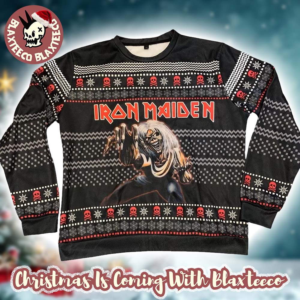 Iron Maiden The Number Of The Beast Eddie Skull Pattern Holiday Knitted Black Ugly Christmas Sweater Iron Maiden The Number Of The Beast Eddie Skull Pattern Holiday Knitted Black Ugly Christmas Sweater