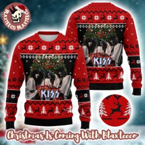 Kiss Band Merry Kissmas Under The Xmas Tree Holiday Style With Reindeer Knitted Red Ugly Christmas Sweater