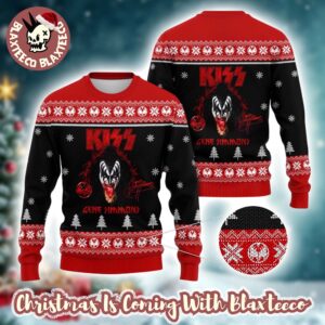 Kiss Gene Simmons Bloody Tongue With His Signature Black And Red Ugly Christmas Sweater