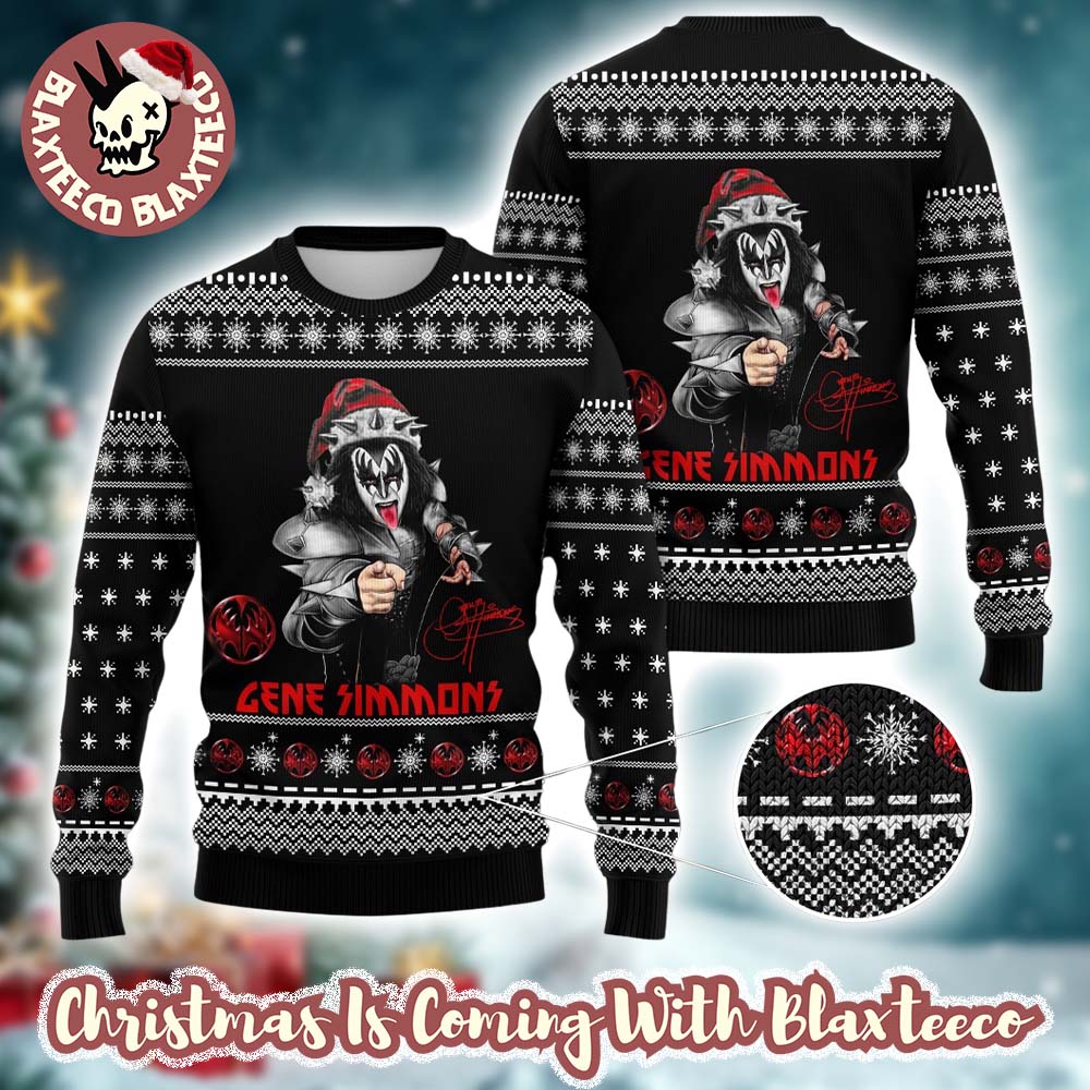 Kiss Gene Simmons With Santa Hat And Signature Xmas Holiday Best Gift For Fans Black Ugly Christmas Sweater Kiss Gene Simmons With Santa Hat And Signature Xmas Holiday Best Gift For Fans Black Ugly Christmas Sweater