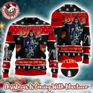 Kiss I Was Made For Loving You Skeleton Knitted Black And Red Ugly Christmas Sweater