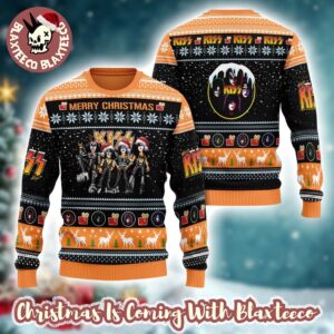 Kiss Merry Christmas Funny Santa Band Members Cartoon Style Snowy Gift For Fans Ugly Christmas Sweater