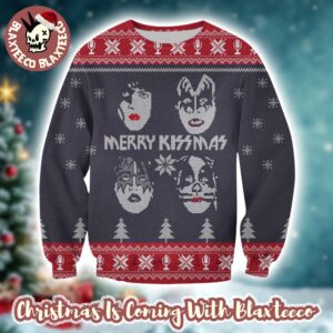 Kiss Merry Kissmas Band Member Faces Queens Style Knitted Snowflakes Pattern Vintage Ugly Christmas Sweater