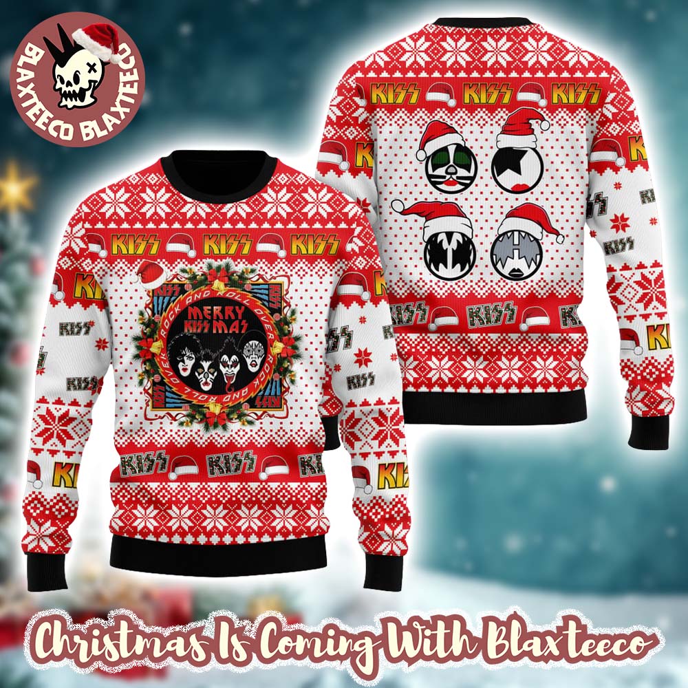 Kiss Merry Kissmas Rock And Roll Over Xmas Wreath With Funny Logo Santa Hat Ugly Christmas Sweater