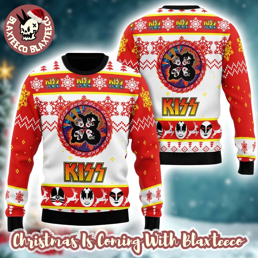 Kiss Rock And Roll Over Circle Logo Faces Pattern Knitted Red And White Ugly Christmas Sweater