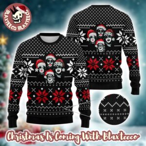 Kiss Santa Member Graphic As Queens Style Snowflakes Pattern Knitted Black Ugly Christmas Sweater