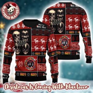 Kiss Skull Kiss Army Checker Board Pattern Retro Style Knitted Ugly Christmas Sweater