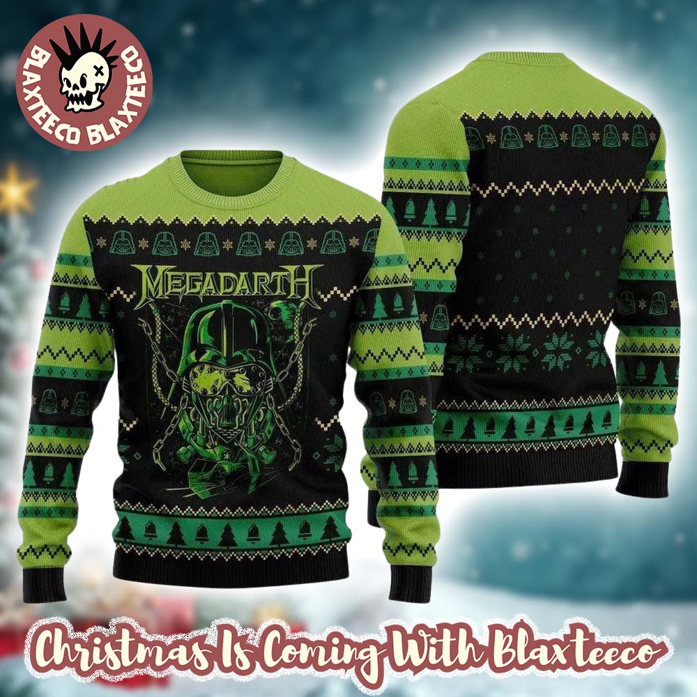 Megadeth Megadarth Darth Vader Star Wars Inspired Knitted Black And Green Ugly Christmas Sweater Megadeth Megadarth Darth Vader Star Wars Inspired Knitted Black And Green Ugly Christmas Sweater