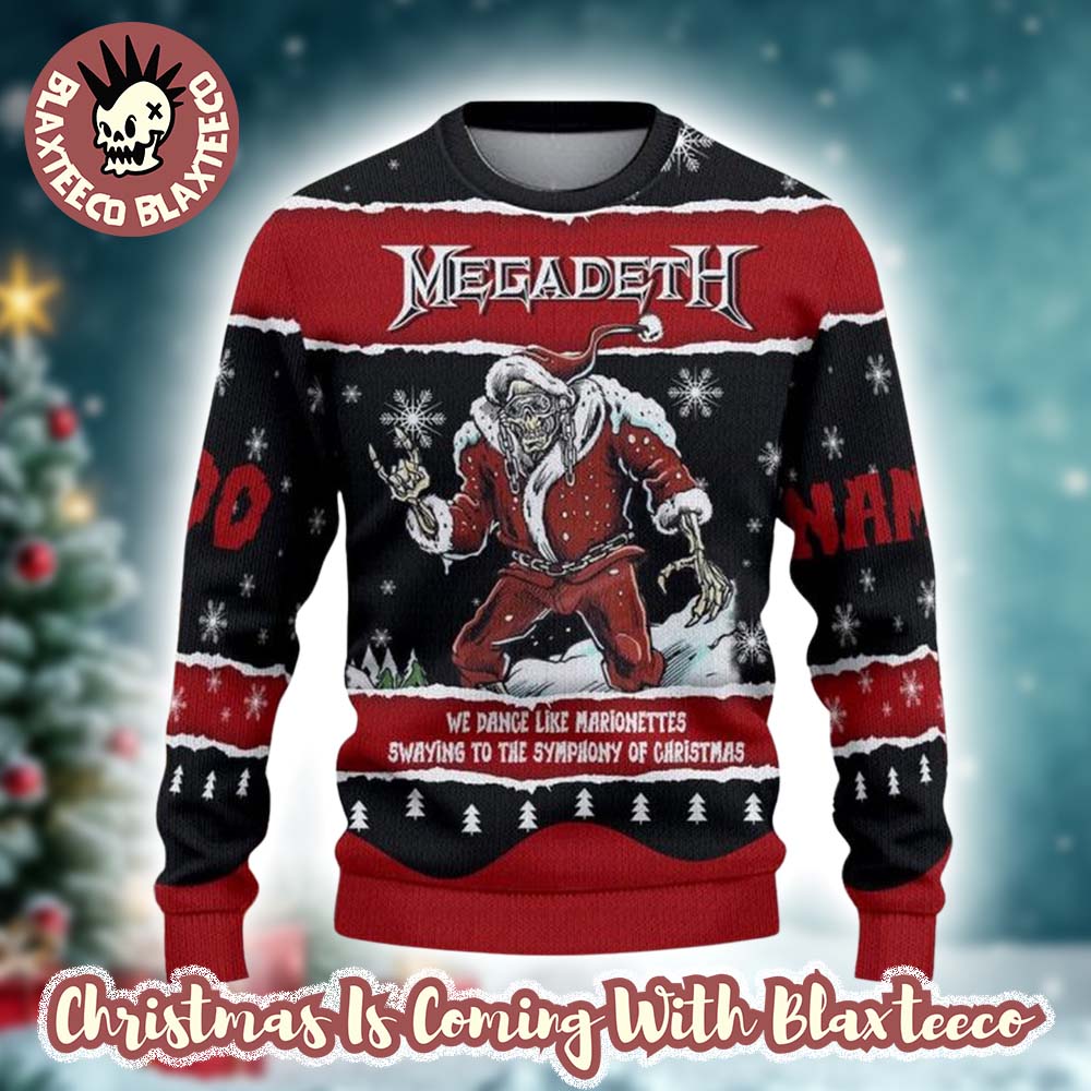 Megadeth We Dance Like Marionettes Santa Claus Skeleton Personalized Number And Name Ugly Christmas Sweater Megadeth We Dance Like Marionettes Santa Claus Skeleton Personalized Number And Name Ugly Christmas Sweater