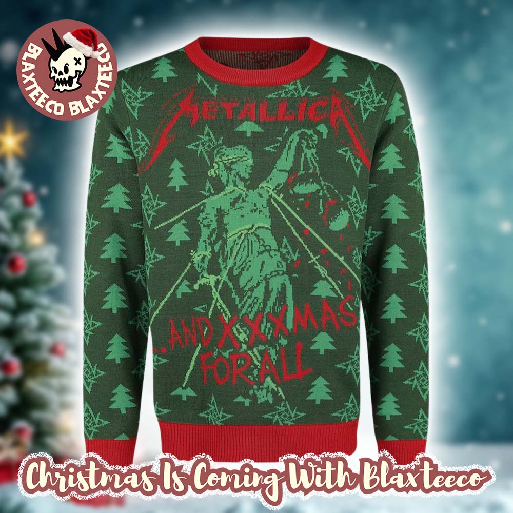 Metallica And XXXmas For All And Justice For All Holiday Style Xmas Green Knitted Ugly Christmas Sweater Metallica And XXXmas For All And Justice For All Holiday Style Xmas Green Knitted Ugly Christmas Sweater