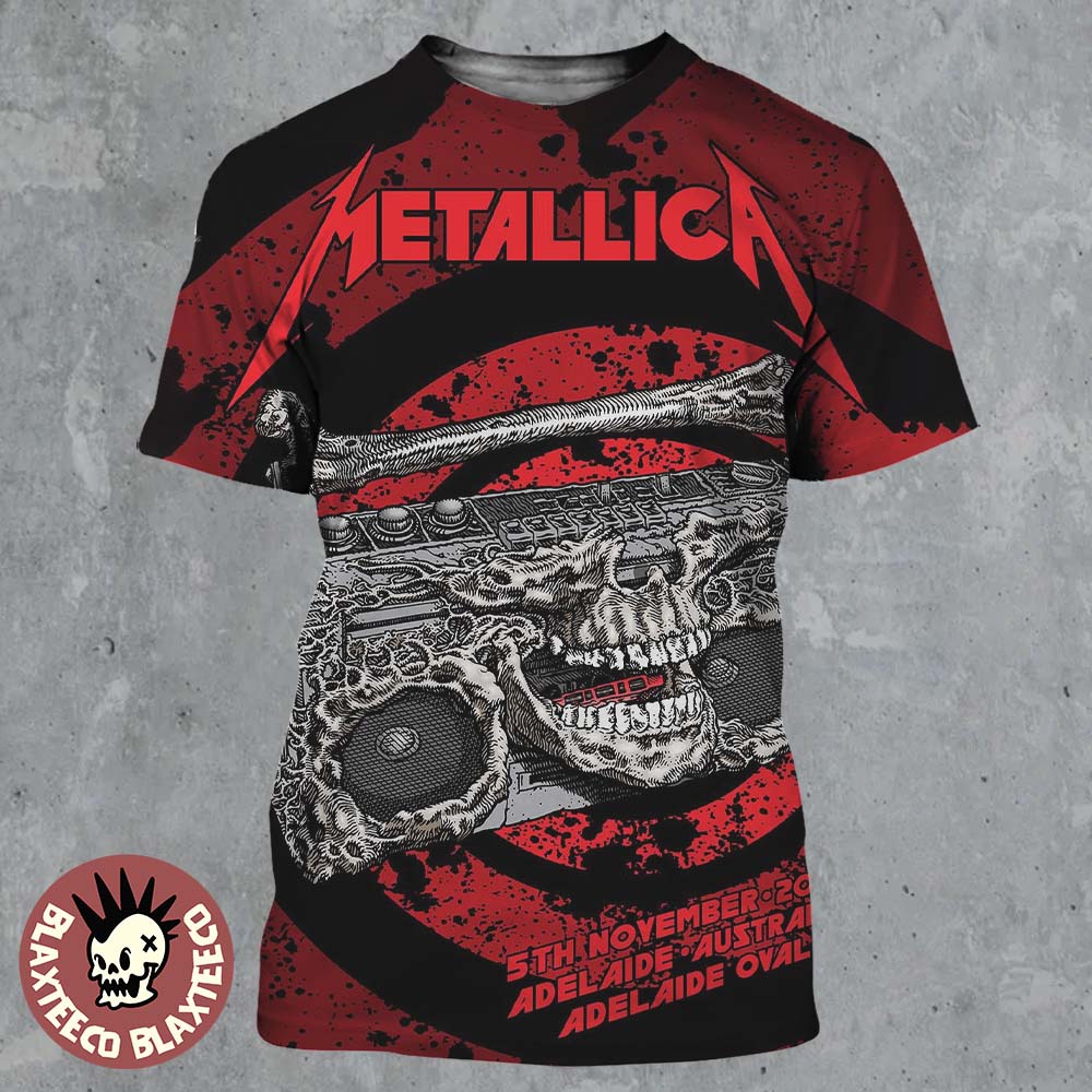Metallica M72 Adelaide Australia 2025 Venue Poster At Adelaide Oval On November 5 2025 Skeleton Radio Boombox From Hell All Over Print Shirt Metallica M72 Adelaide Australia 2025 Venue Poster At Adelaide Oval On November 5 2025 Skeleton Radio Boombox From Hell All Over Print Shirt