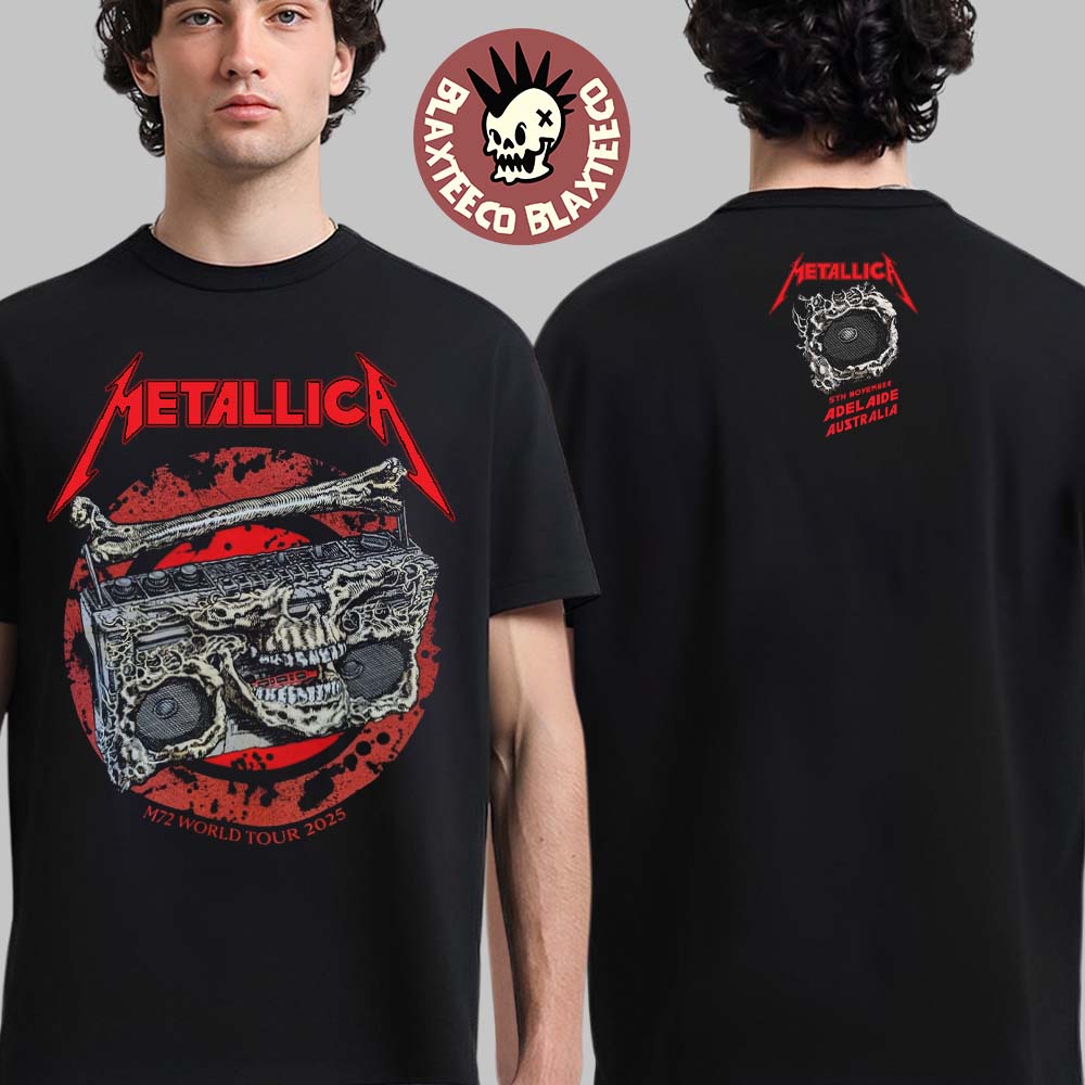 Metallica M72 Adelaide Australia 2025 Venue Tee At Adelaide Oval On November 5 2025 Skeleton Boombox From Hell Two Sided T-Shirt Metallica M72 Adelaide Australia 2025 Venue Tee At Adelaide Oval On November 5 2025 Skeleton Boombox From Hell Two Sided T-Shirt