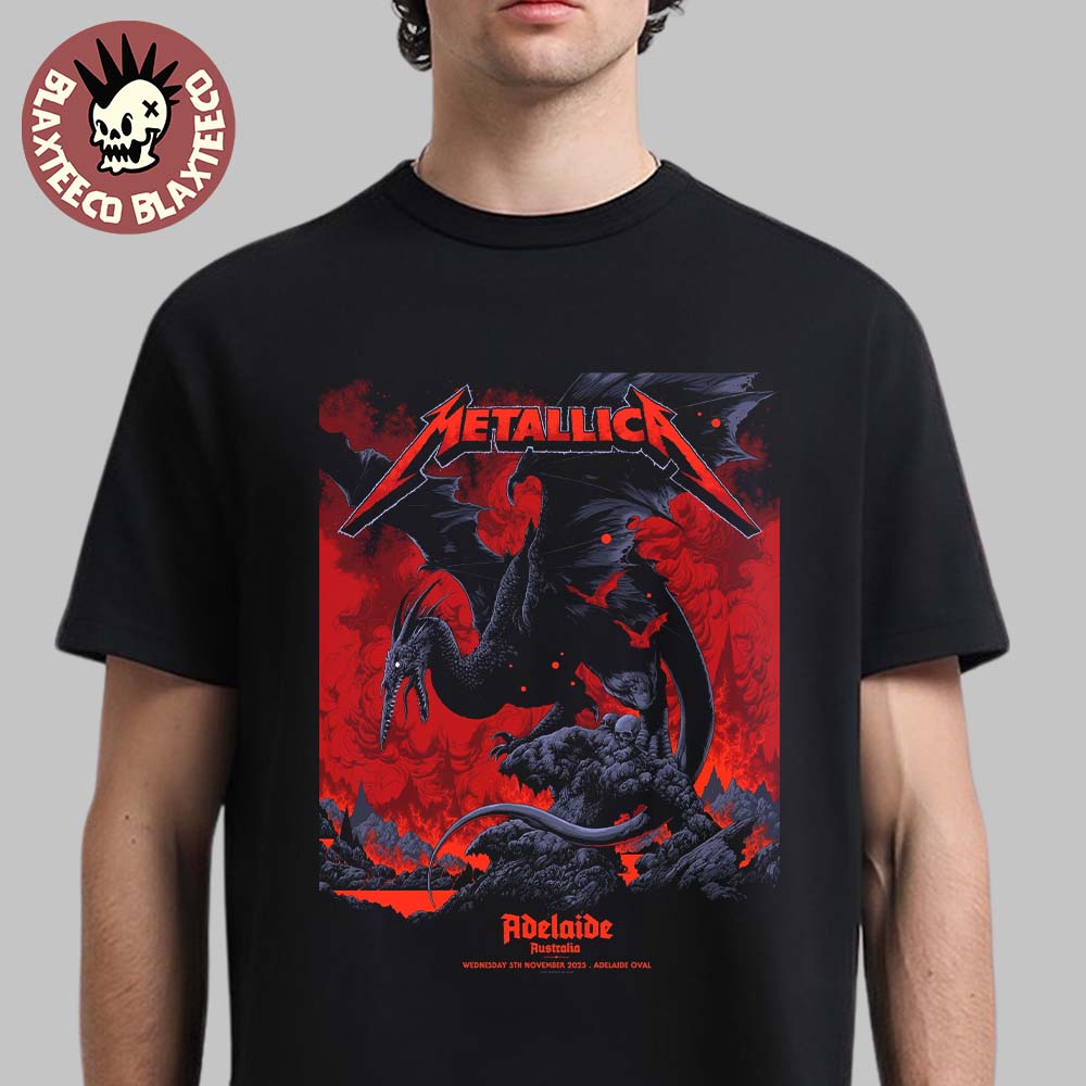 Metallica M72 Adelaide Australia Pop Up Shop Exclusive Poster By Ken Taylor At Adelaide Oval On November 5 2025 Pterosaur Art T-Shirt Metallica M72 Adelaide Australia Pop Up Shop Exclusive Poster By Ken Taylor At Adelaide Oval On November 5 2025 Pterosaur Art T-Shirt