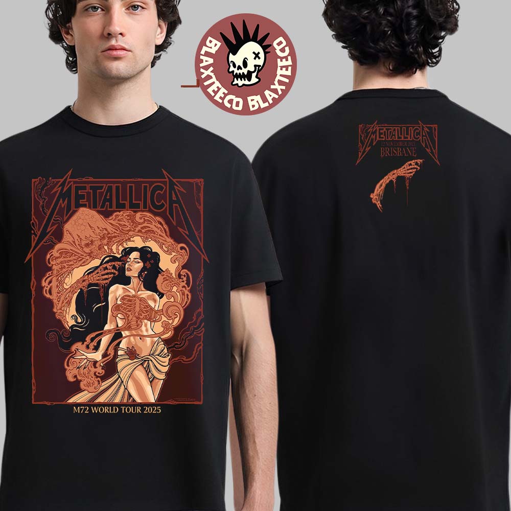 Metallica M72 Brisbane 2025 Venue Tee At Australia Suncorp Stadium On 12 November 2025 Art Nouveau The Woman With Skeletal Two Sided T-Shirt Metallica M72 Brisbane 2025 Venue Tee At Australia Suncorp Stadium On 12 November 2025 Art Nouveau The Woman With Skeletal Two Sided T-Shirt