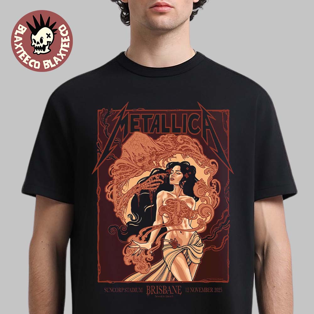 Metallica M72 Brisbane Venue Poster At Australia Suncorp Stadium On 12 November 2025 Art Nouveau The Woman With Skeletal T-Shirt Metallica M72 Brisbane Venue Poster At Australia Suncorp Stadium On 12 November 2025 Art Nouveau The Woman With Skeletal T-Shirt