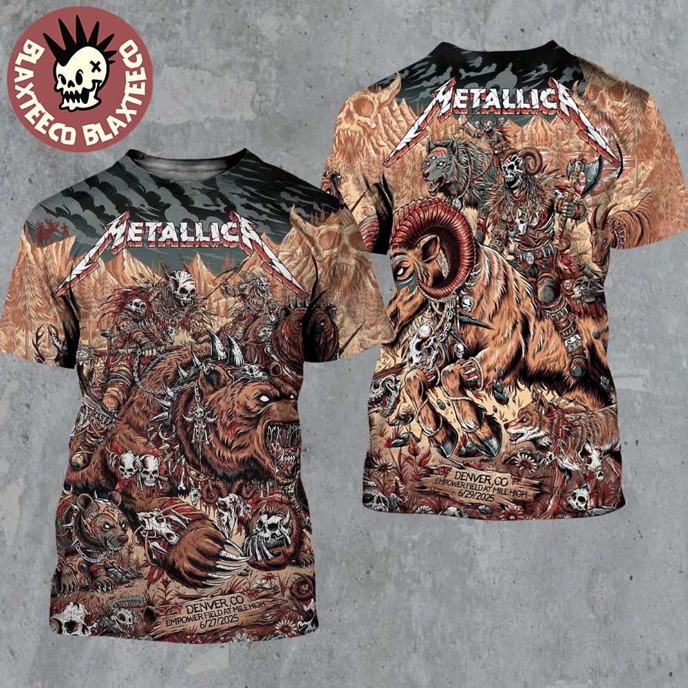 Metallica M72 Denver 2025 Night 1 And 2 Venue Combined Poster In Denver Colorado At Empower Field at Mile High On June 27 And 29 2025 Two Sided All Over Print Shirt Metallica M72 Denver 2025 Night 1 And 2 Venue Combined Poster In Denver Colorado At Empower Field at Mile High On June 27 And 29 2025 Two Sided All Over Print Shirt