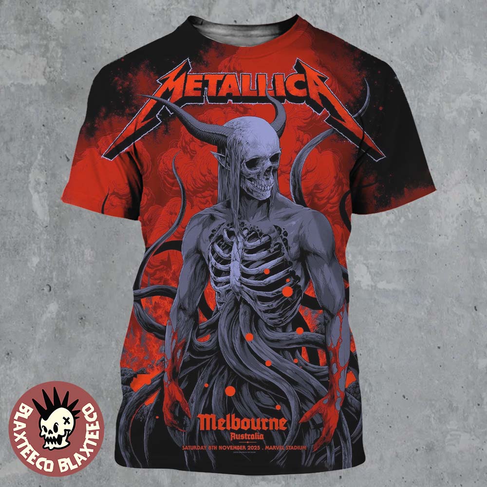 Metallica M72 Melbourne Australia 2025 Pop Up Shop Poster By Ken Taylor At Marvel Stadium On November 8 2025 Skeletal Demon Art All Over Print Shirt