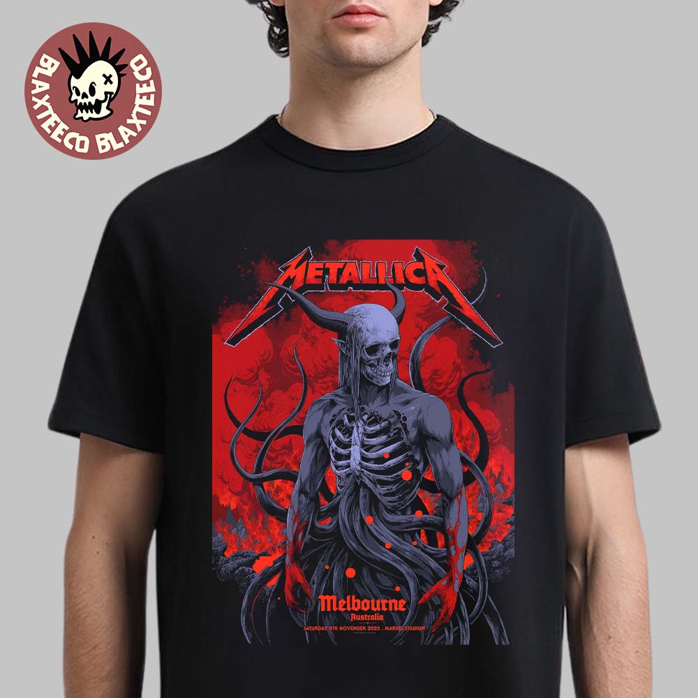 Metallica M72 Melbourne Australia 2025 Pop Up Shop Poster By Ken Taylor At Marvel Stadium On November 8 2025 Skeletal Demon Art T-Shirt Metallica M72 Melbourne Australia 2025 Pop Up Shop Poster By Ken Taylor At Marvel Stadium On November 8 2025 Skeletal Demon Art T-Shirt