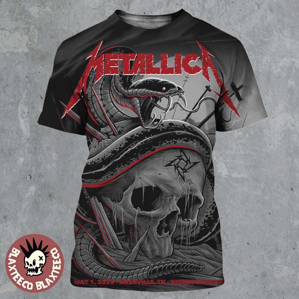 Metallica M72 Nashville Tennessee Night 1 Venue Poster At Nissan Stadium On May 1 2025 Met On Tour Snake And Skull Artwork All Over Print Shirt Metallica M72 Nashville Tennessee Night 1 Venue Poster At Nissan Stadium On May 1 2025 Met On Tour Snake And Skull Artwork All Over Print Shirt