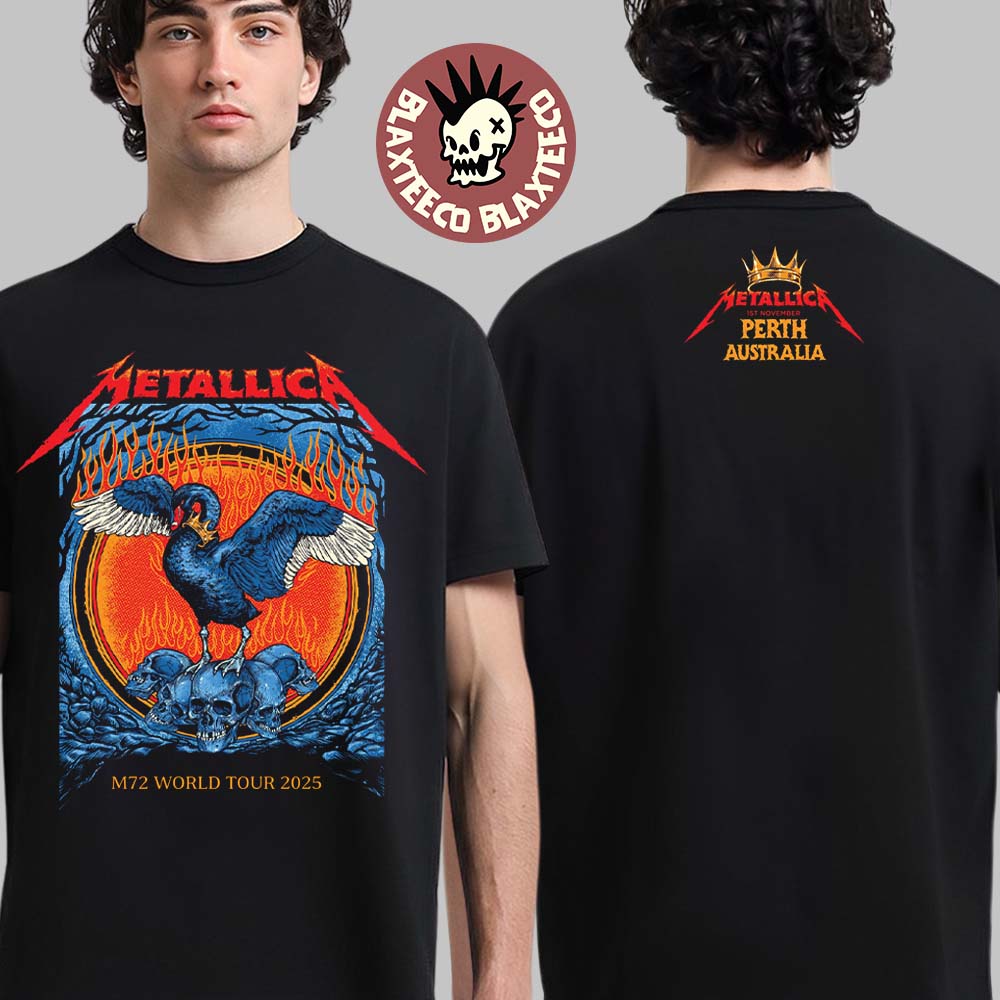 Metallica M72 Perth Australia 2025 Venue Tee At Optus Stadium On 1 November 2025 The Black Swan Two Sided T-Shirt Metallica M72 Perth Australia 2025 Venue Tee At Optus Stadium On 1 November 2025 The Black Swan Two Sided T-Shirt
