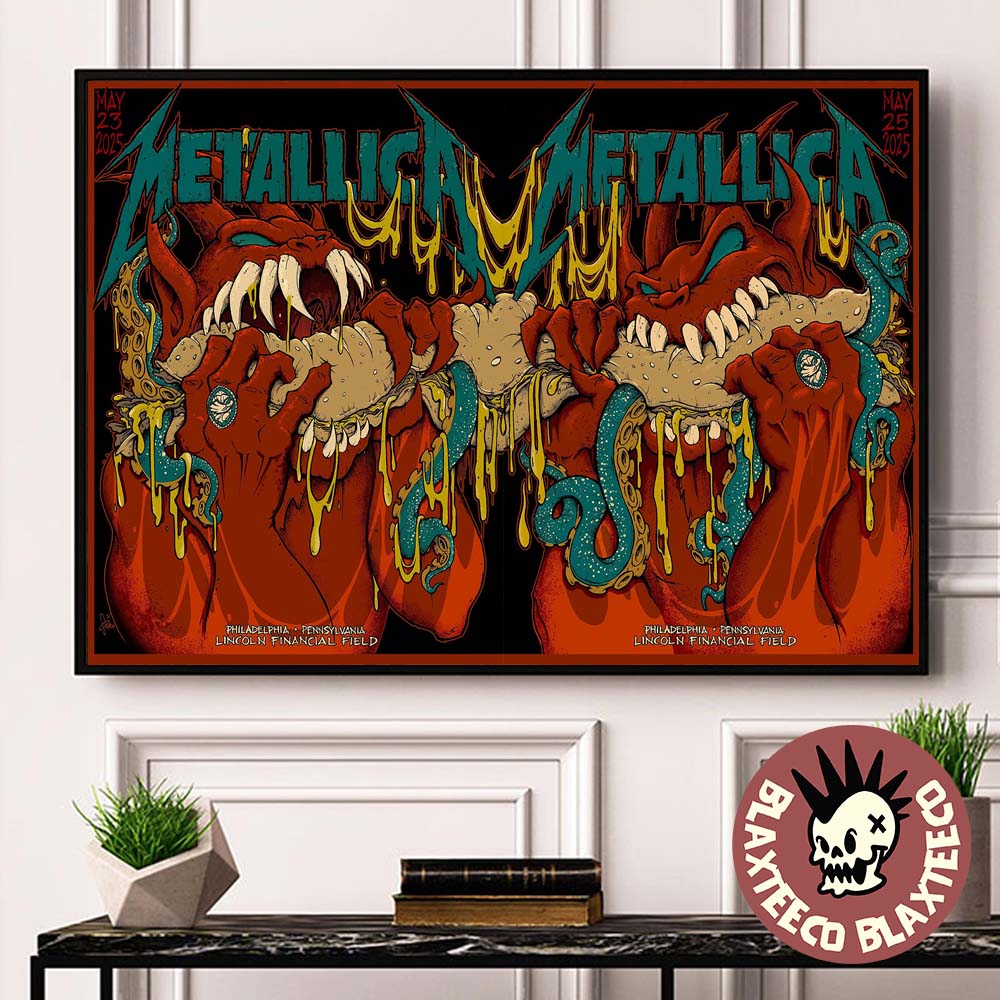Metallica M72 Philly 2025 Night 1 And 2 Venue Combined Poster In Philadelphia Pennsylvania At Lincoln Financial Field On May 23 And 25 2025 Red Demons Eating Sandwich Poster Canvas