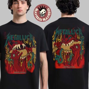 Metallica M72 Philly 2025 Night 1 And 2 Venue Combined Poster In Philadelphia Pennsylvania At Lincoln Financial Field On May 23 And 25 2025 Red Demons Eating Sandwich Two Sided T-Shirt