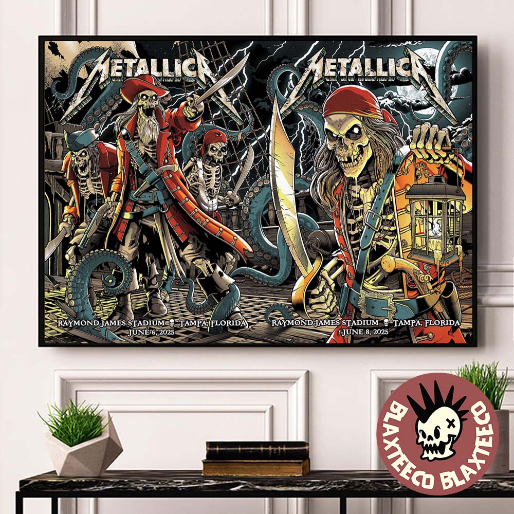 Metallica M72 Tampa 2025 Night 1 And 2 Venue Poster Combined In Tampa Florida At Raymond James On June 6 And 8 2025 The Pirate Skeletons Art Landscape Poster Canvas