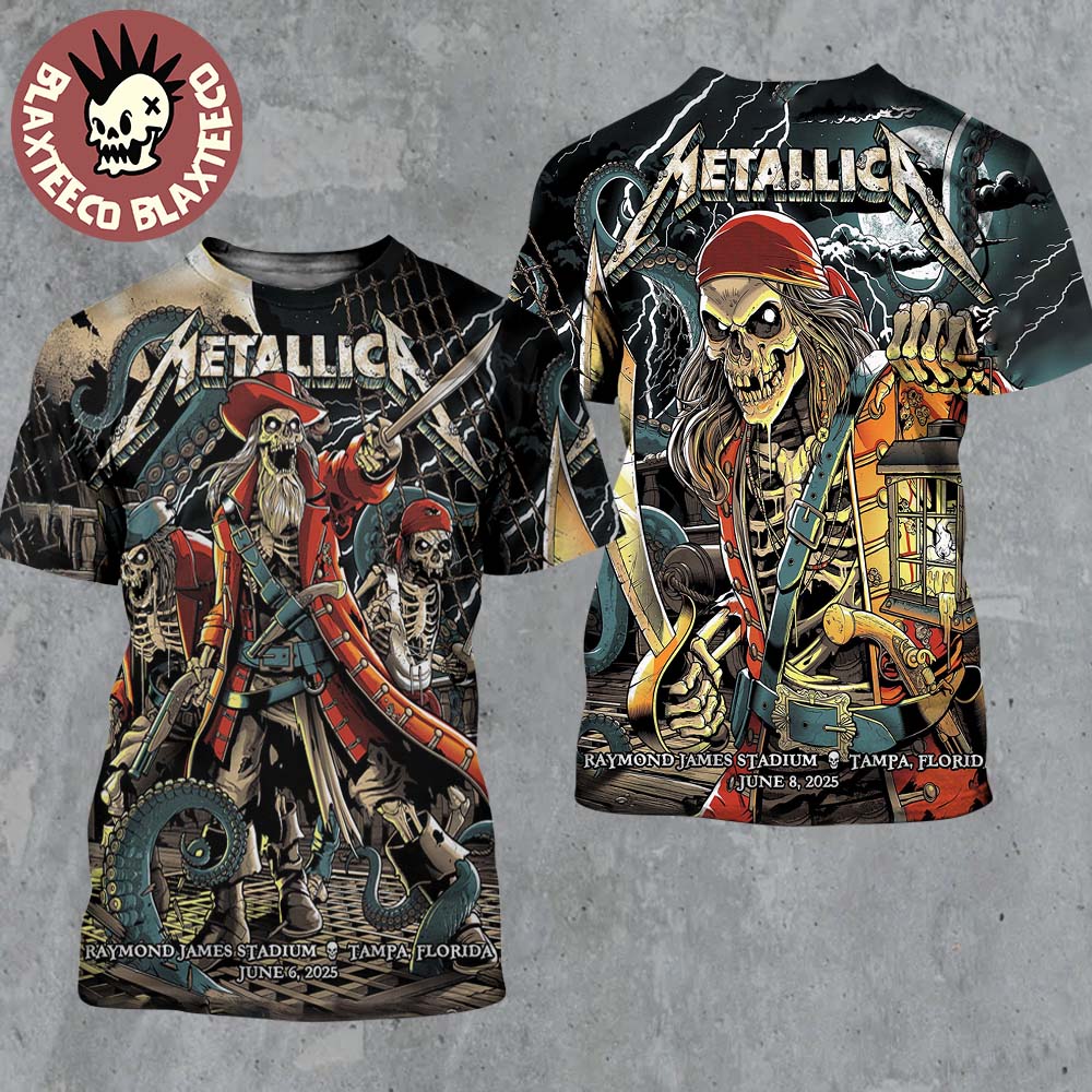 Metallica M72 Tampa 2025 Night 1 And 2 Venue Poster Combined In Tampa Florida At Raymond James On June 6 And 8 2025 The Pirate Skeletons Art Two Sided All Over Print Shirt