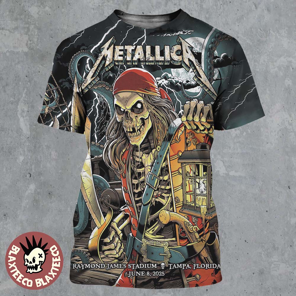 Metallica M72 Tampa 2025 Night 2 Venue Poster In Tampa Florida At Raymond James On June 8 2025 The Pirate Skeleton Art All Over Print Shirt