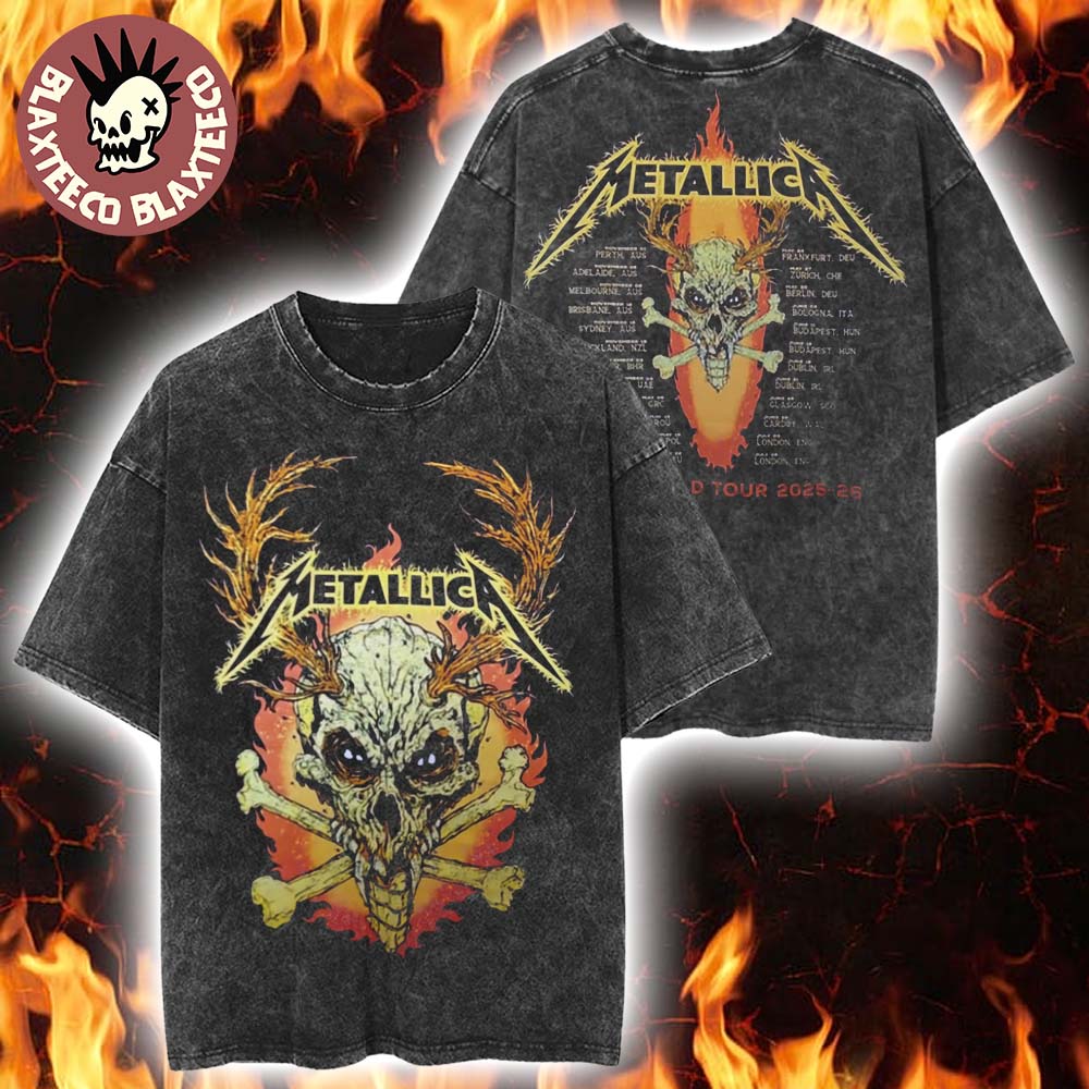 Metallica M72 World Tour 2025 2026 Flame Skull Dates Back Retro Washed T-Shirt