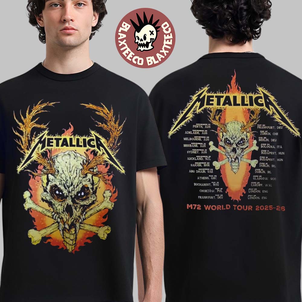 Metallica M72 World Tour 2025 2026 Flame Skull Dates Back Two Sided T-Shirt