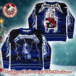 Metallica Ride The Lightning Electric Chair And Skeleton Santa Ugly Christmas Sweater