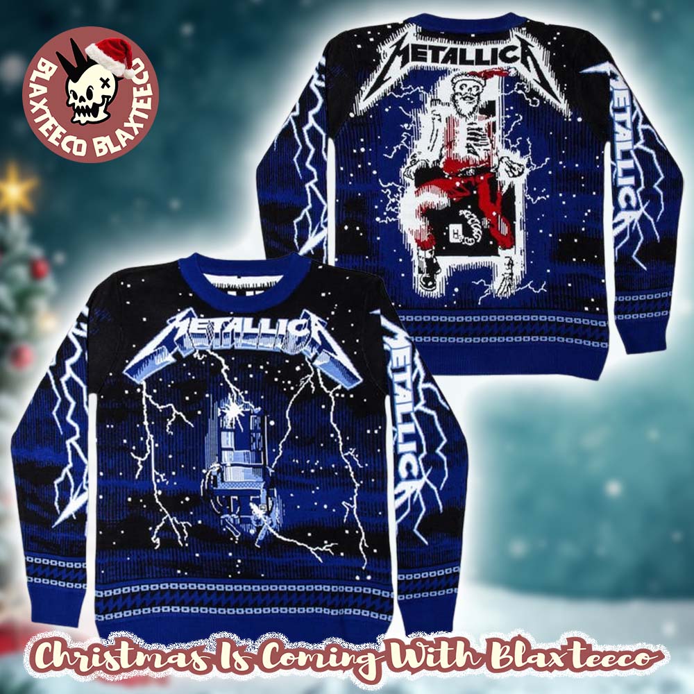 Metallica Ride The Lightning Electric Chair And Skeleton Santa Ugly Christmas Sweater Metallica Ride The Lightning Electric Chair And Skeleton Santa Ugly Christmas Sweater