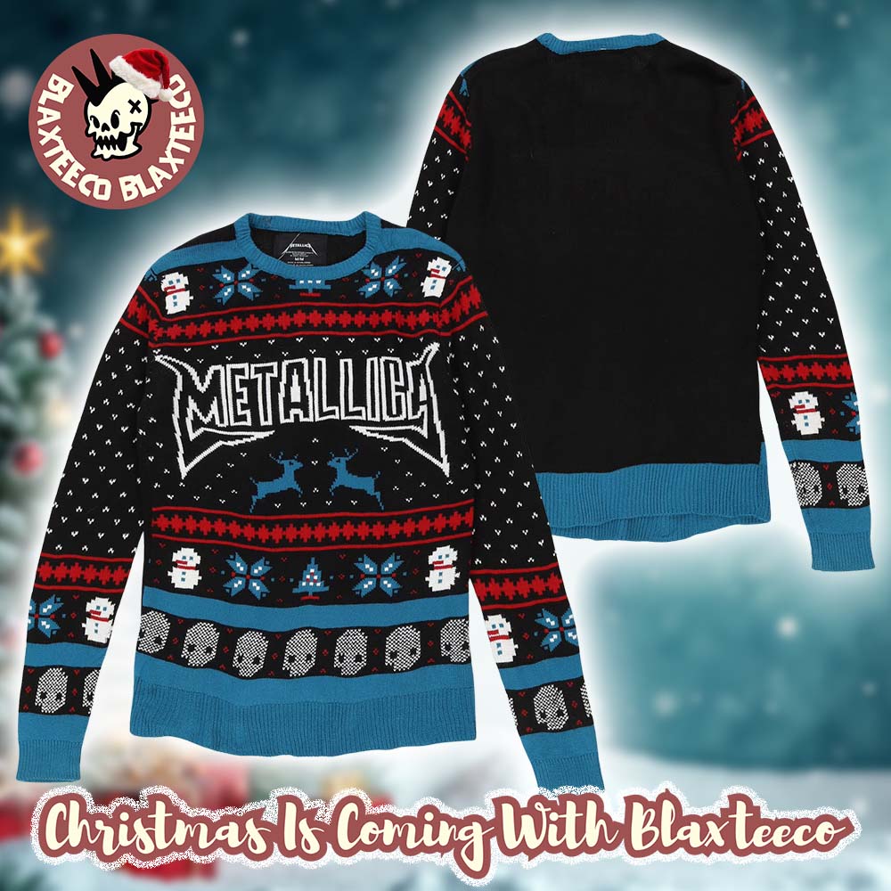 Metallica Snowflakes Reindeer Pattern Black And Blue Vintage Knitted Ugly Christmas Sweater Metallica Snowflakes Reindeer Pattern Black And Blue Vintage Knitted Ugly Christmas Sweater