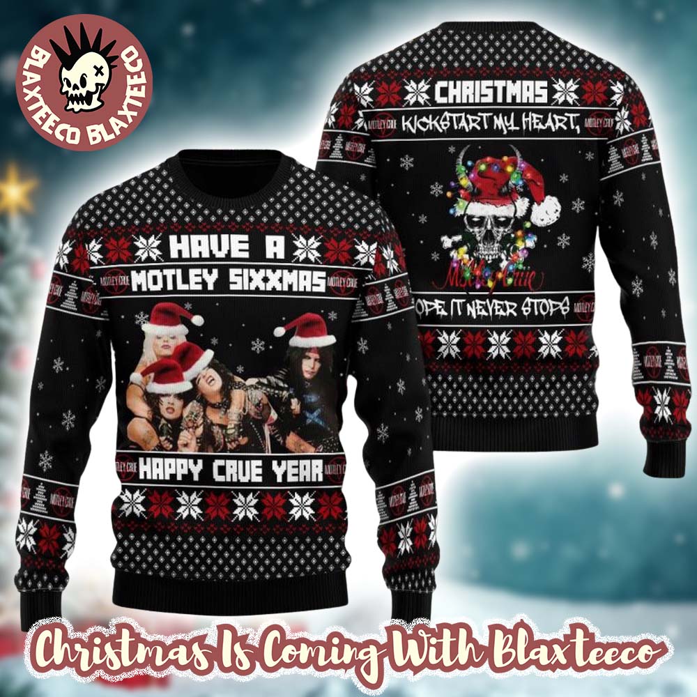 Motley Crue Have A Motley Sixxmas Happy Crue Year Santa Hats Knitted Black Ugly Christmas Sweater Motley Crue Have A Motley Sixxmas Happy Crue Year Santa Hats Knitted Black Ugly Christmas Sweater
