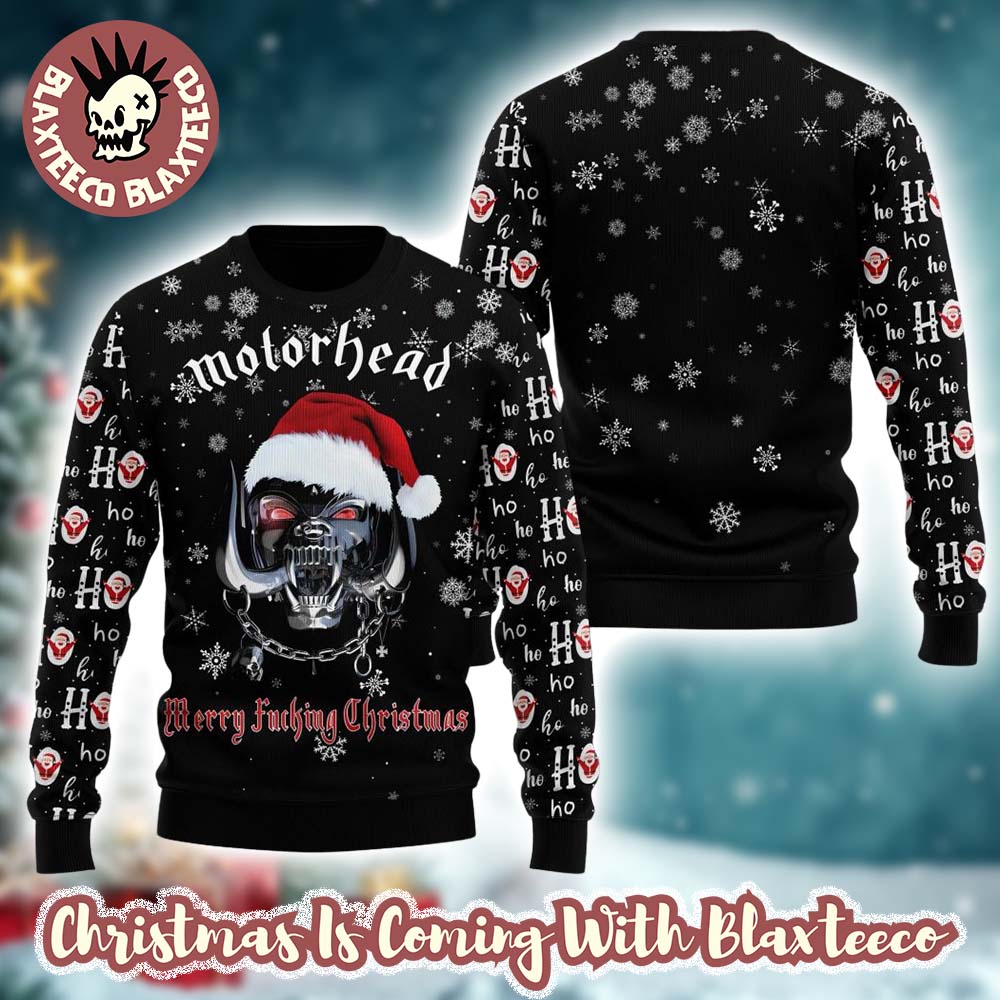 Motorhead Merry Fucking Christmas Mechanic Snaggletooth Head Logo With Santa Hat Ho Ho Ho Christmas Ugly Sweater